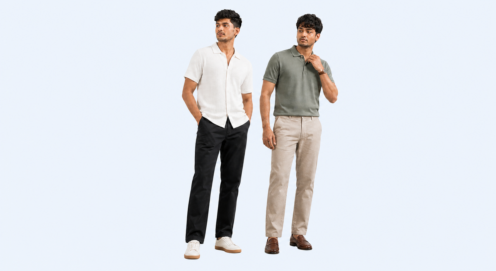 Two Bangladeshi models wearing black and light brown UNIQLO cotton chino pants from Riziz