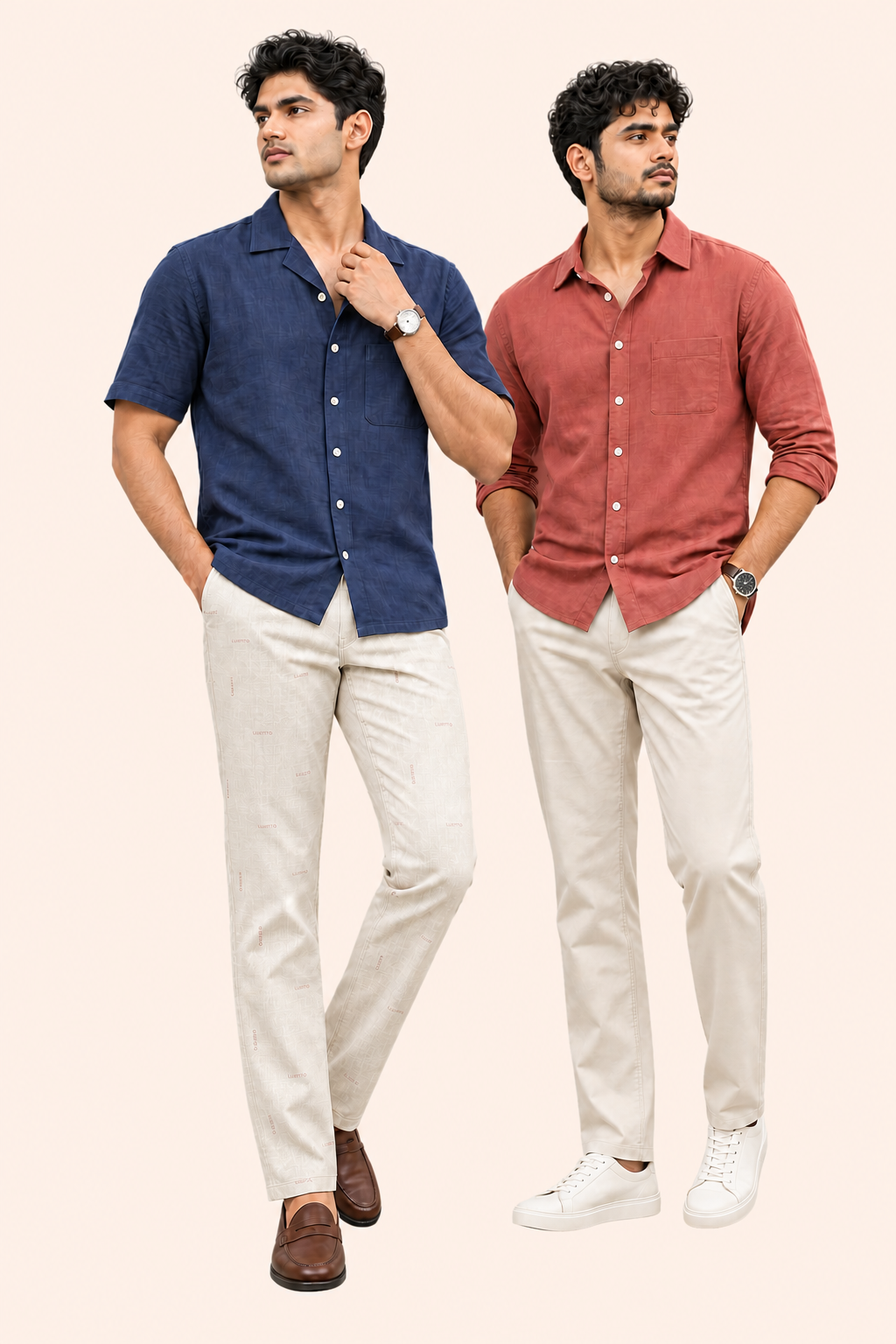 Two Bangladeshi models wearing printed and clean off-white UNIQLO chino pants from Riziz