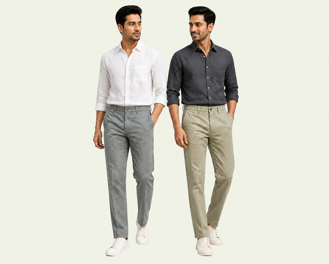 Two Bangladeshi models wearing gray and light olive UNIQLO linen blend chino pants from Riziz
