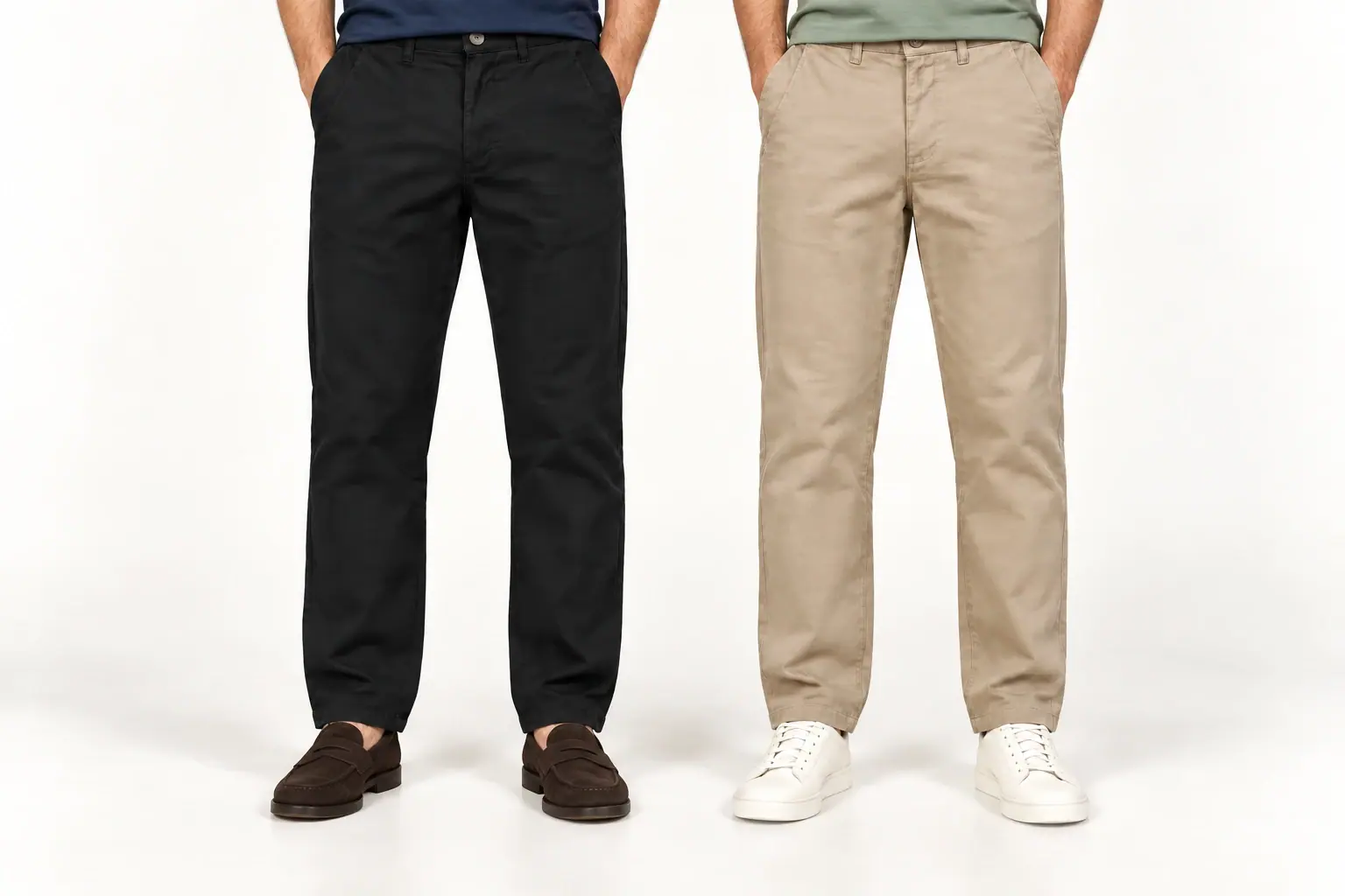 Waist-to-feet studio view of black and light brown UNIQLO chinos