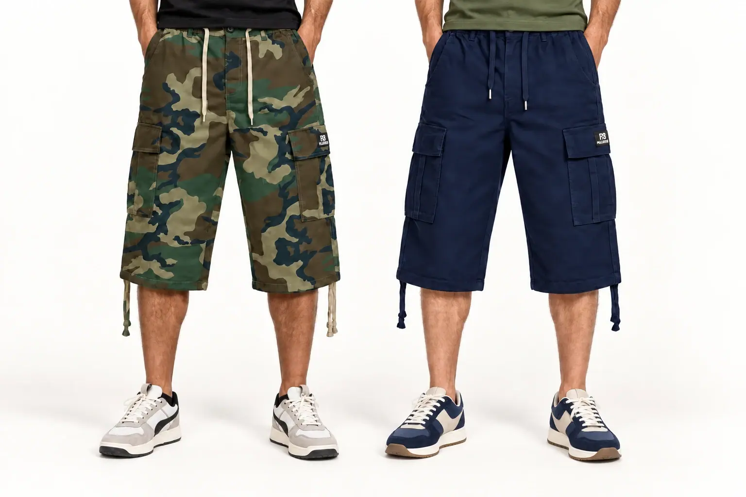 Waist-to-feet studio view of BD Army Colour and navy three-quarter cargo shorts
