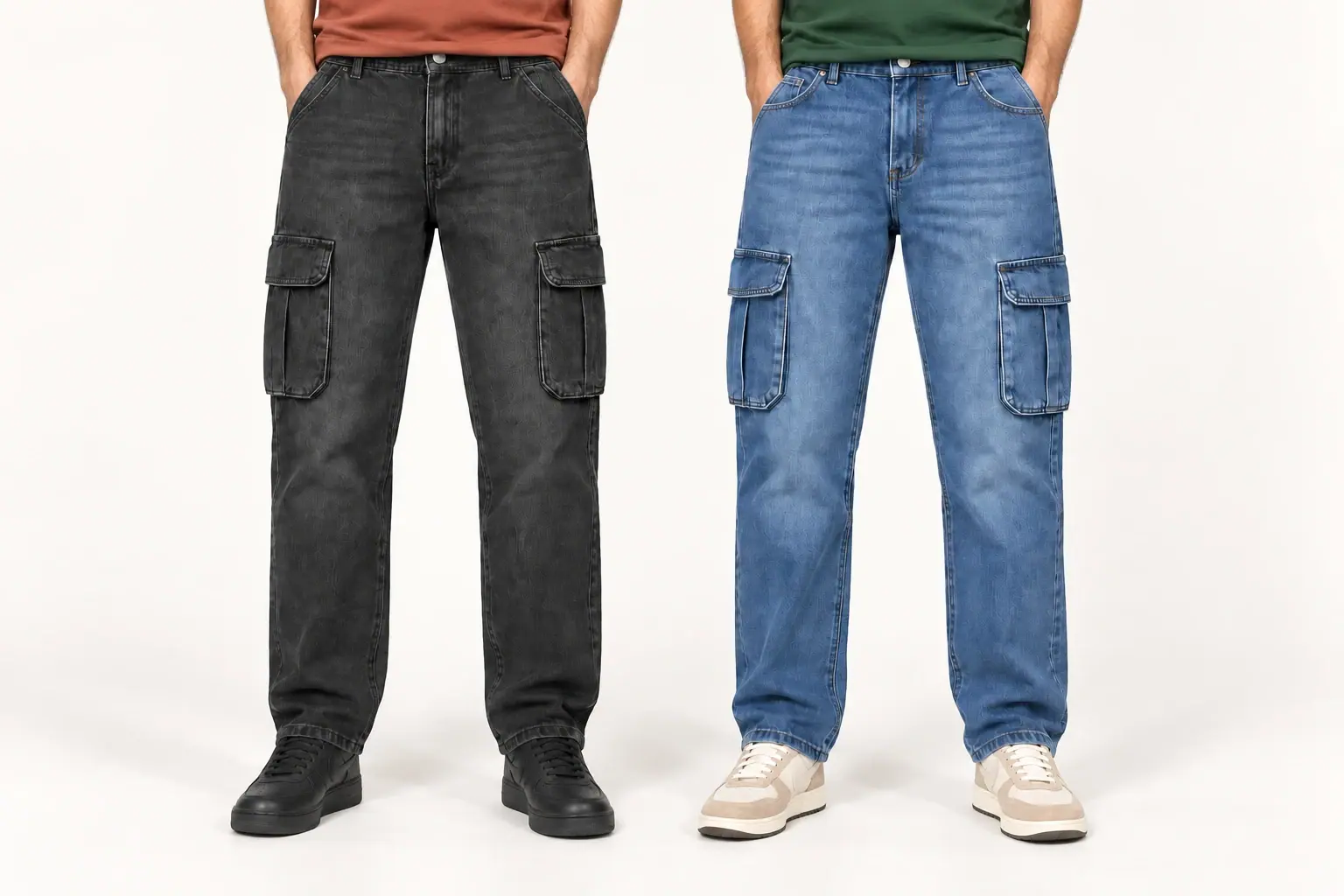 Charcoal and blue denim cargo pants shown from waist to feet